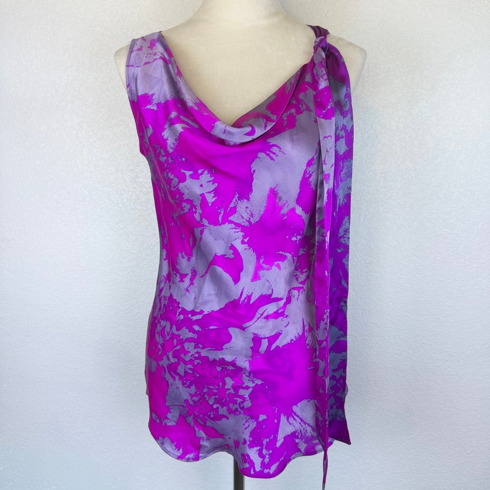 Cabi 100% Silk Floral Cowl Neck Sleeveless Top Pink Purple Grey Tie Accent Sz XS - Picture 3 of 9